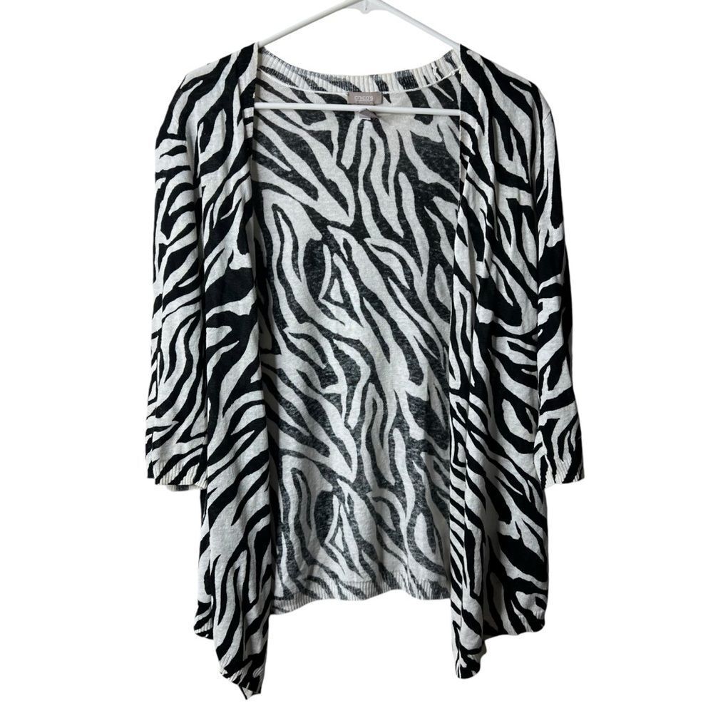 Chicos Black White Animal Print Linen Blen 3/4 Sleeve Cardigan Topper 1